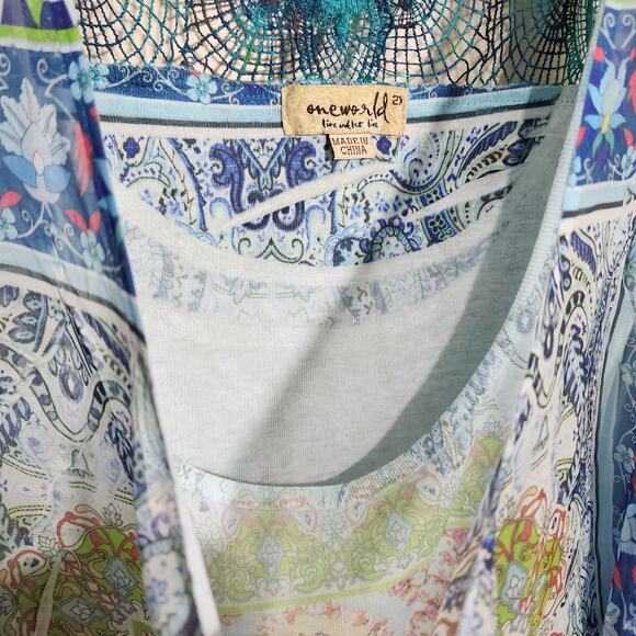 Emerald colorful floral print shark bite hem crochet back blouse woman's size 2X - Picture 8 of 10